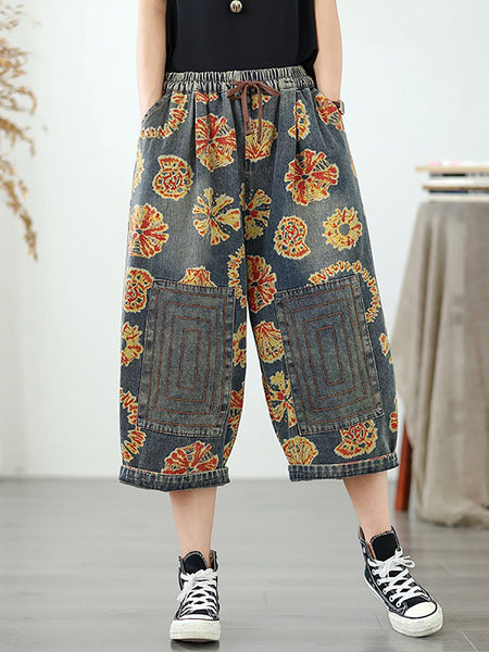 Women Straight Pants Retro Capri Flower Denim FashionChic