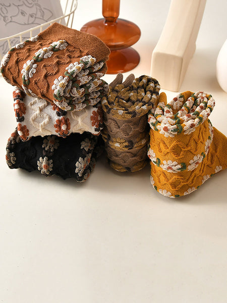 5 Pairs Women Autumn Artsy Flower Jacquard Socks RR013 BUYKUD