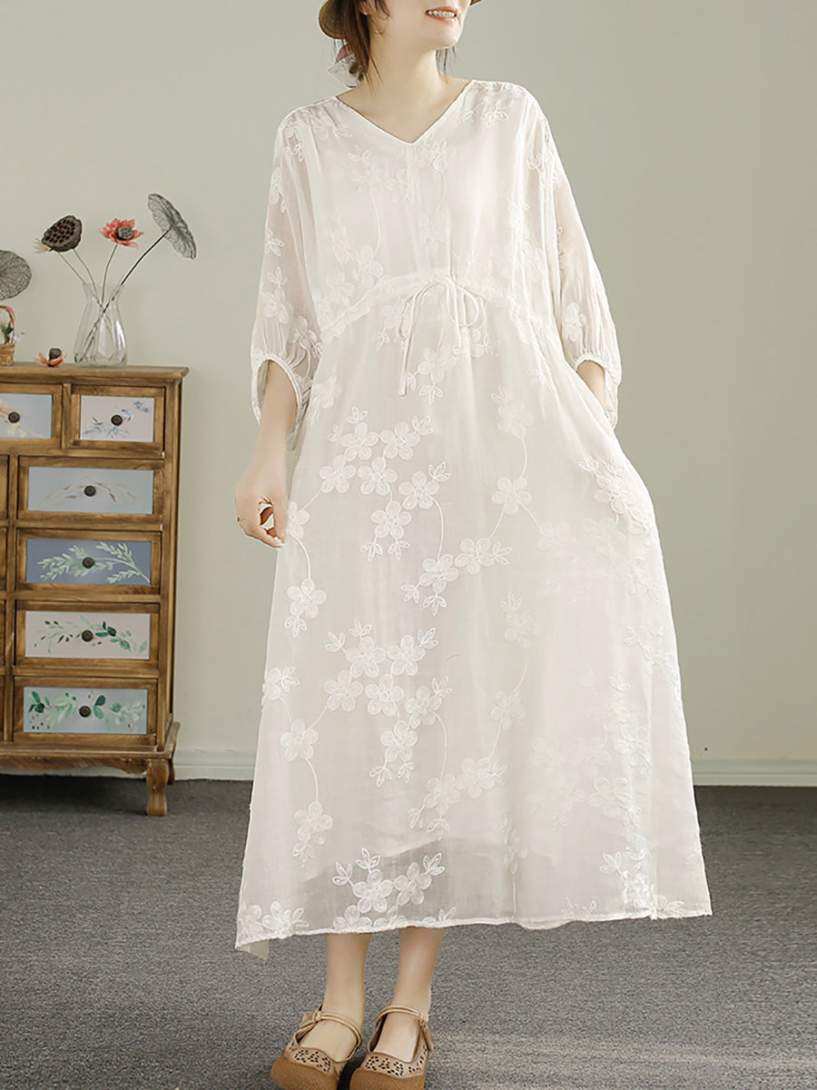 Women Summer Floral Embroidery Strap V-Neck Ramie Dress HH045 LSFZ