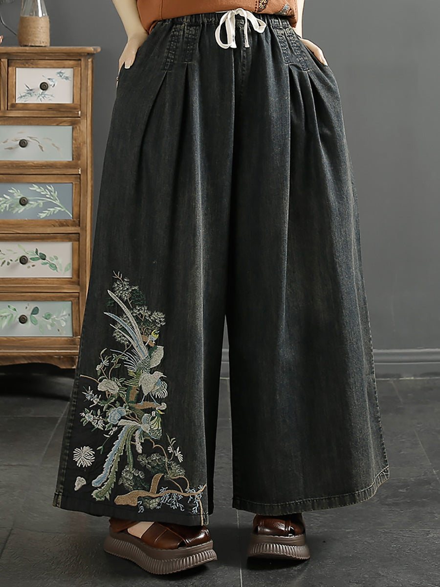 Women Vintage Ethnic Embroidery Wide-leg Denim Pants CO1052 Ada Fashion