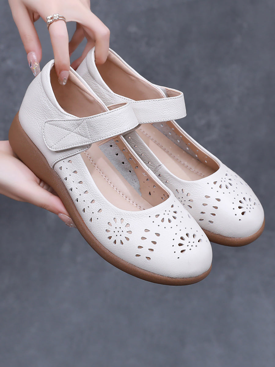 Women Summer Artsy Solid Leather Cutout Flat Shoes FG1024 Ada Fashion