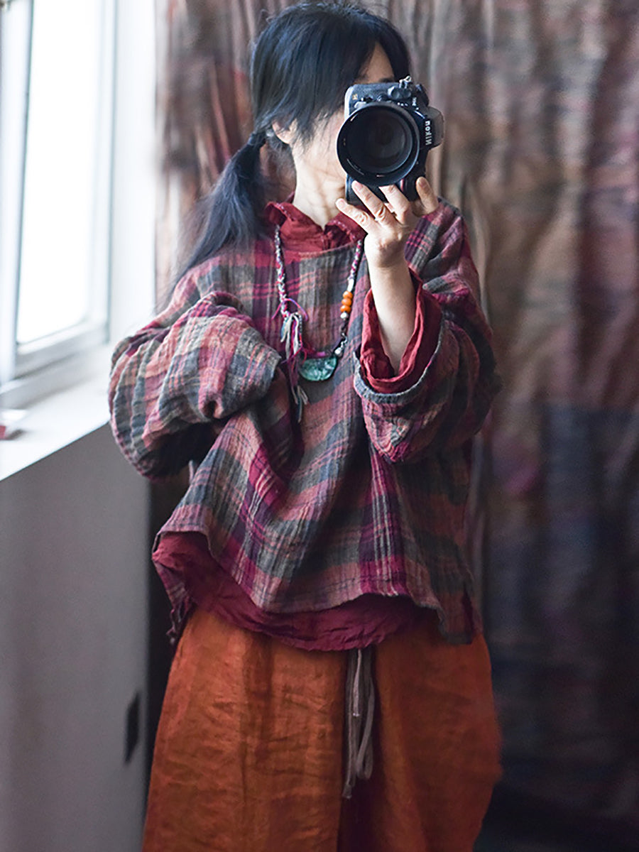 Women Spring Linen Retro Plaid Loose Shirt RR008 QYMM