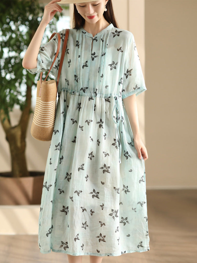 Women Summer Flower Shirred Artsy Strap Waist Dress RR023 QYZY