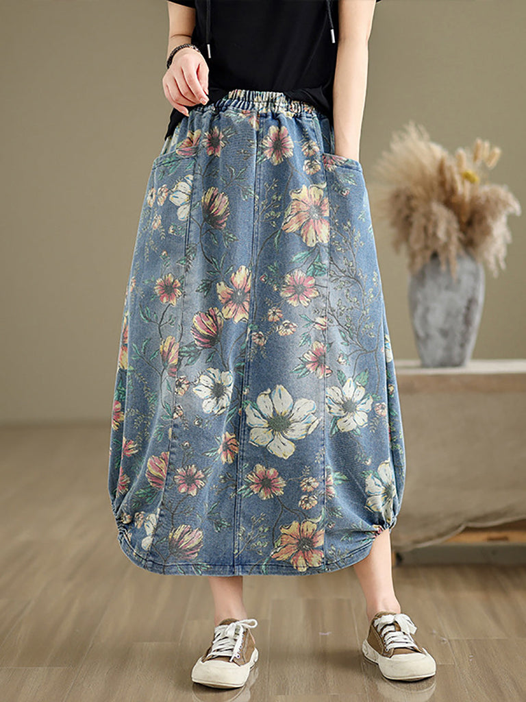 Women Summer Casual Flower Spliced Denim Skirt XX1027 Ada Fashion