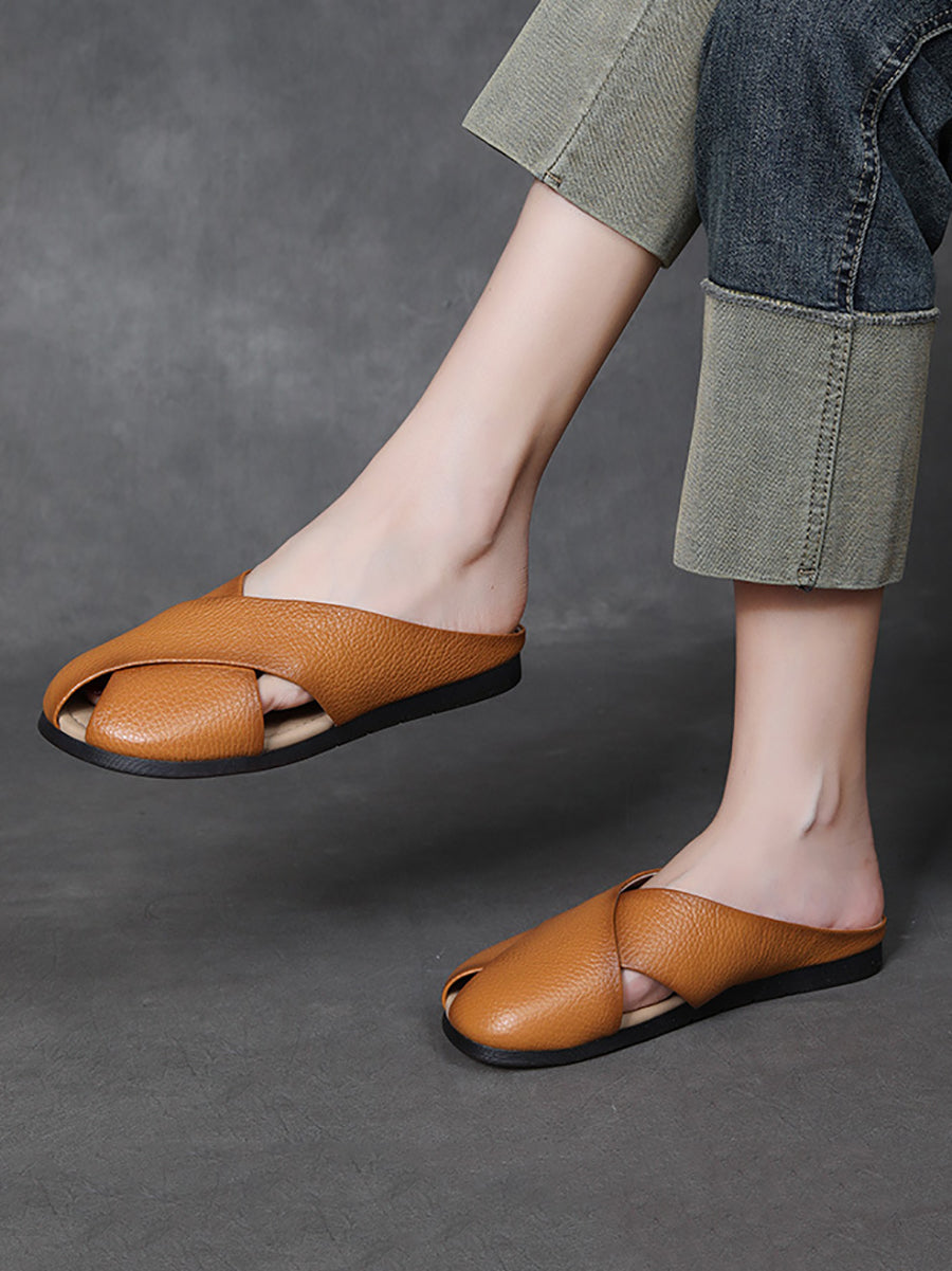 Women Summer Solid Leather X-Spliced Flat Slippers UI1032 Ada Fashion