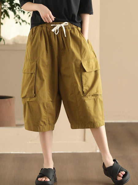 Women Summer Casual Solid Pocket Loose Cotton Fifth Pants FD022 ZMMM
