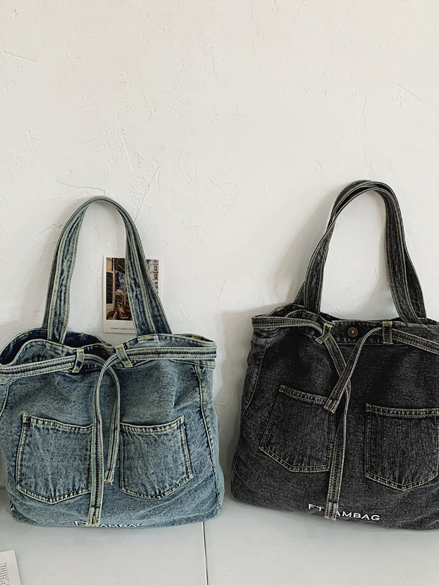 Women Vintage Solid Pocket Denim Handbag Shoulder Bag ZZ1008 Ada Fashion