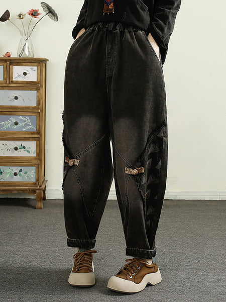 Women Autumn Patch Spliced Washed Denim Harem Pants AI1052 BUYKUD