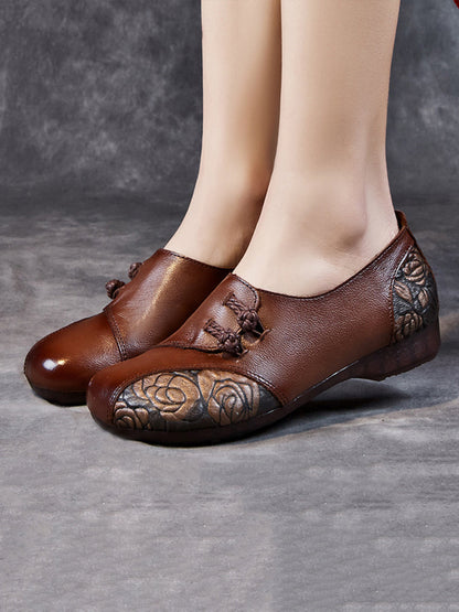 Women Spring Ethnic Flower Leather Spliced Flat Shoes KL1021 Ada Fashion