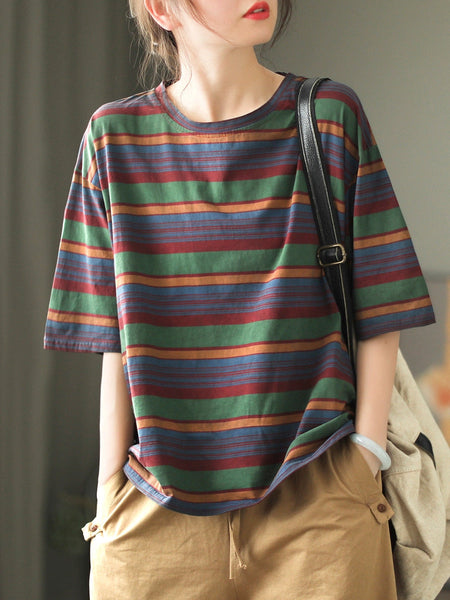 Women Casual Stripe Summer O-Neck Cotton Shirt XX1010 Ada Fashion