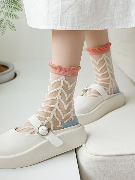 5 Pairs Women Artsy Summer Flower Jacquard Thin Socks CX040 BUYKUD
