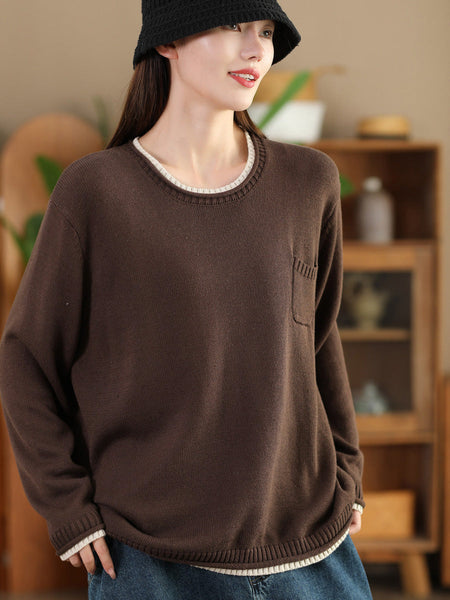 Women Autumn Casual Colorblock O-Neck Cotton Knit Blouse AI1068 BK