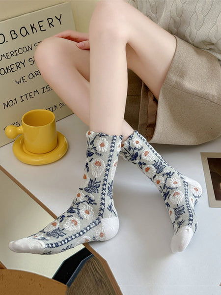 5 Pairs Women Artsy Flower Jacquard Cotton Socks AI1084 BUYKUD