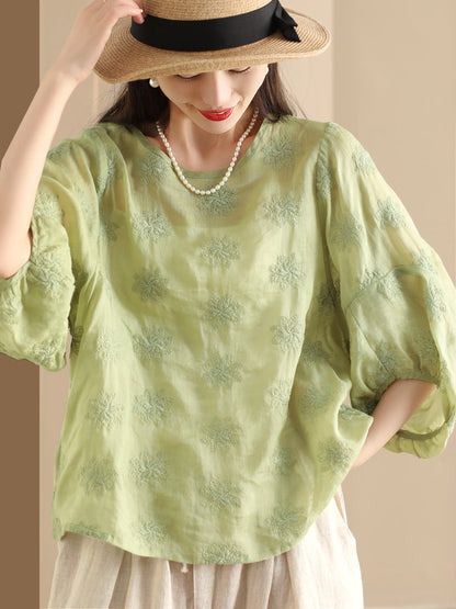 Women Summer Vintage Flower Embroidery Ramie Shirt PP1029 BUYKUD