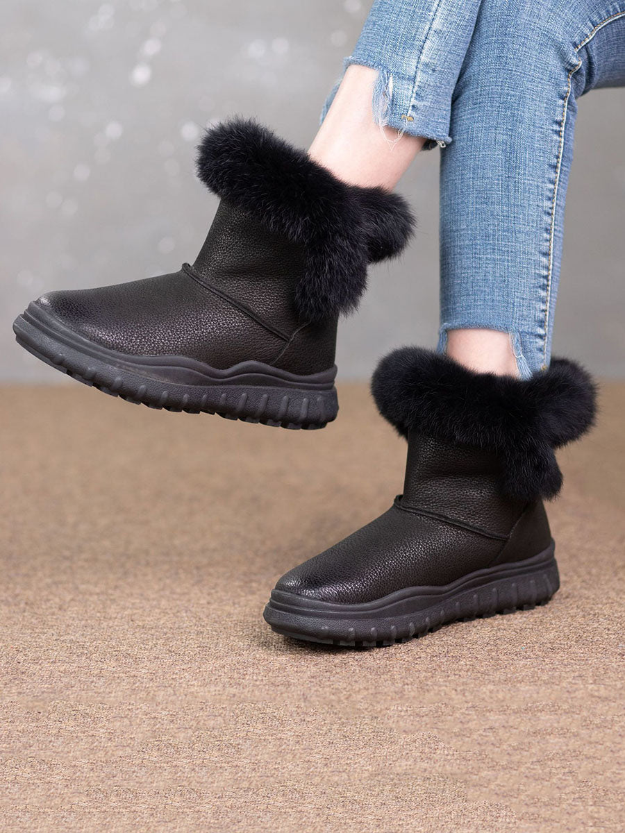 Women Solid Leather Plush Spliced Winter Boots AX1046 Genistyle Shop