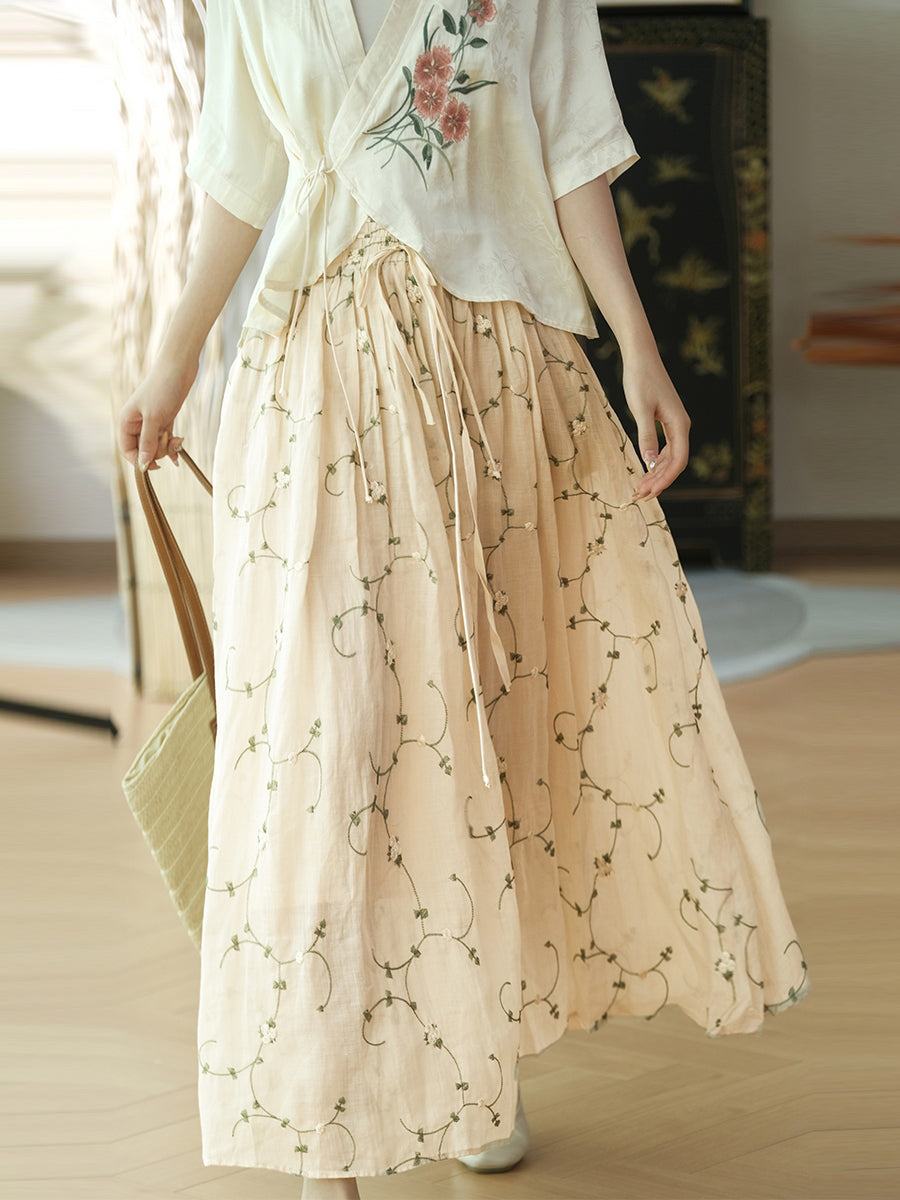 Women Summer Flower Thin Strap Linen Skirt RR1014 BUYKUD