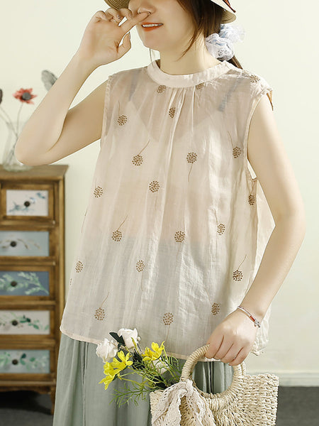 Women Summer Artsy Embroidery Stand Collar Ramie Vest HH021 LPP