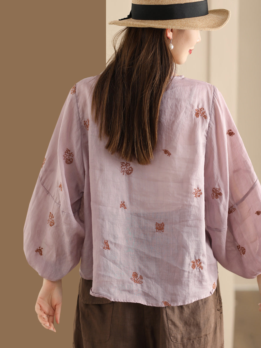 Women Summer Vintage Flower Embroidery Ramie Shirt AA1042 Ada Fashion