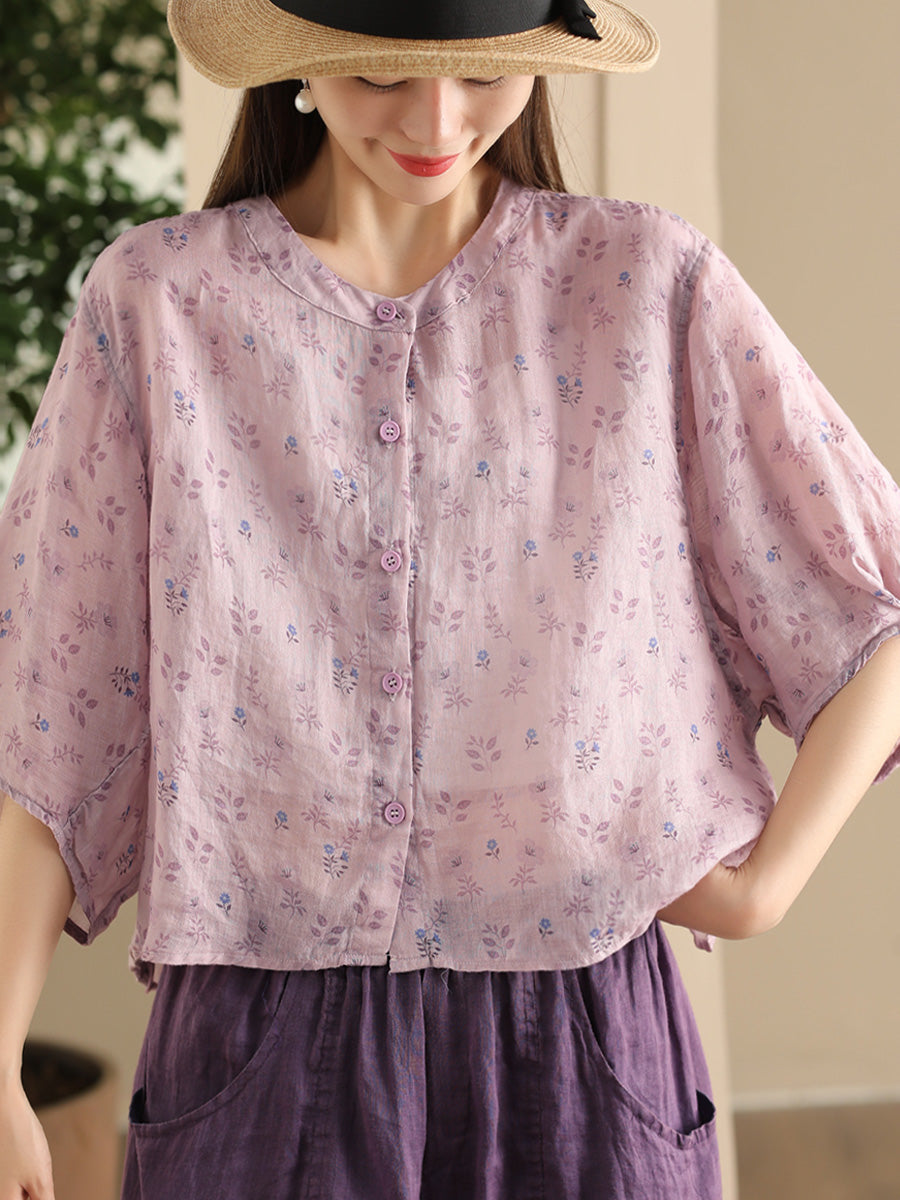 Women Summer Artsy Floral O-Neck Thin Shirt FD023 XJYF