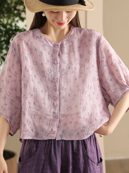 Women Summer Artsy Floral O-Neck Thin Shirt FD023 XJYF