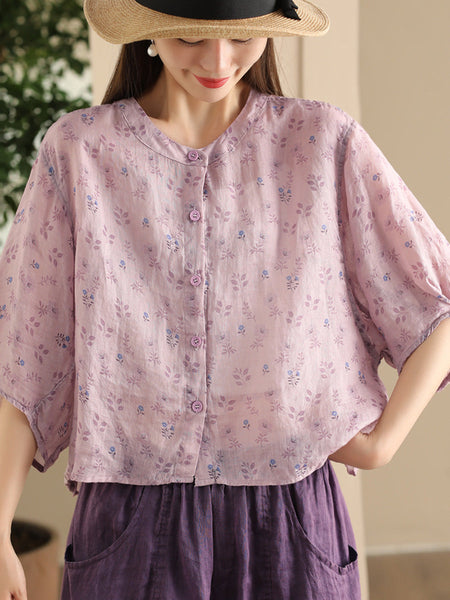 Women Summer Artsy Floral O-Neck Thin Shirt FD023 XJYF