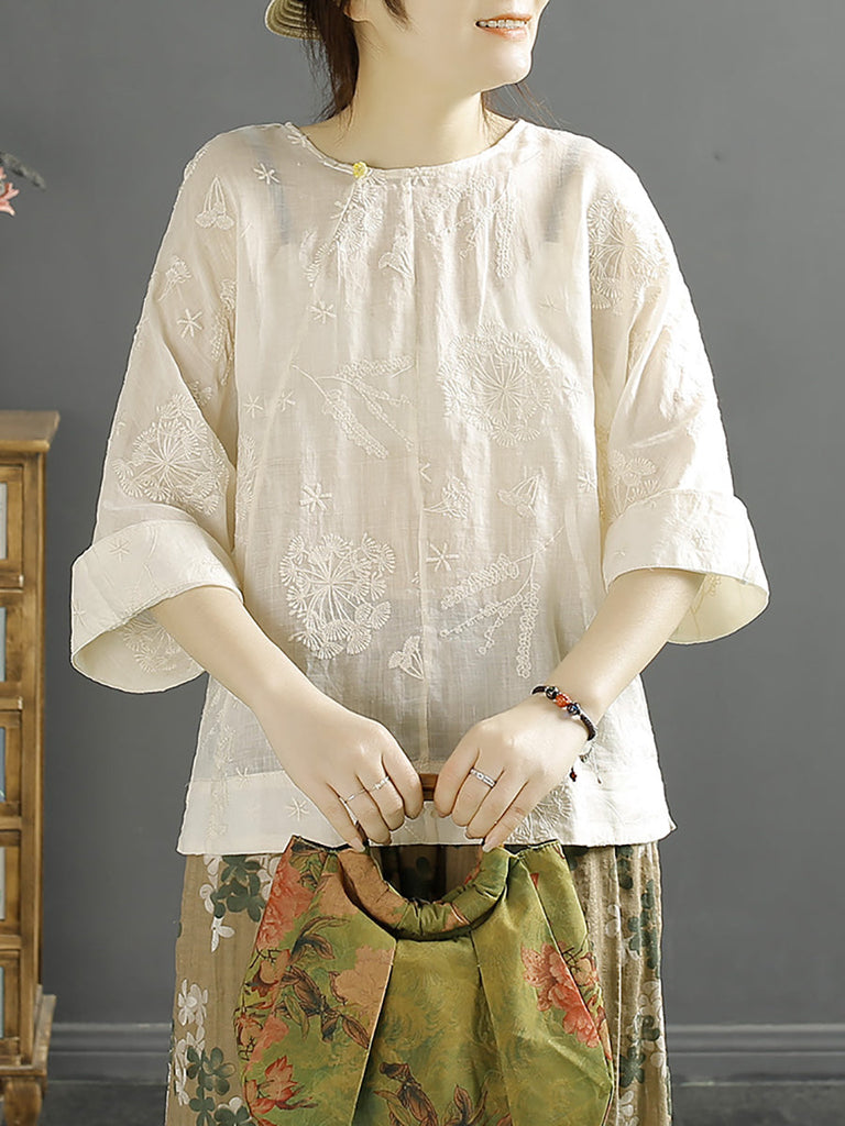 Women Vintage Embroidery Solid Ramie Shirt AA1012 Ada Fashion