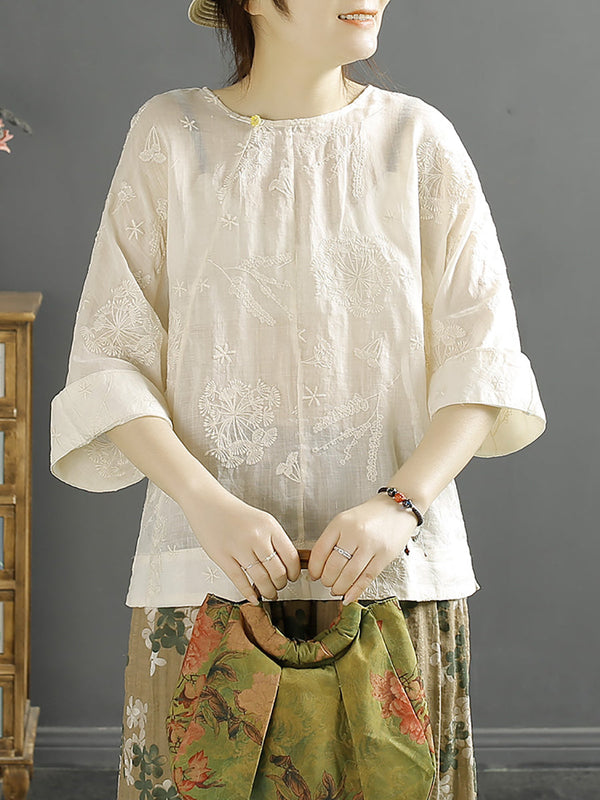 Women Vintage Embroidery Solid Ramie Shirt AA1012 Ada Fashion