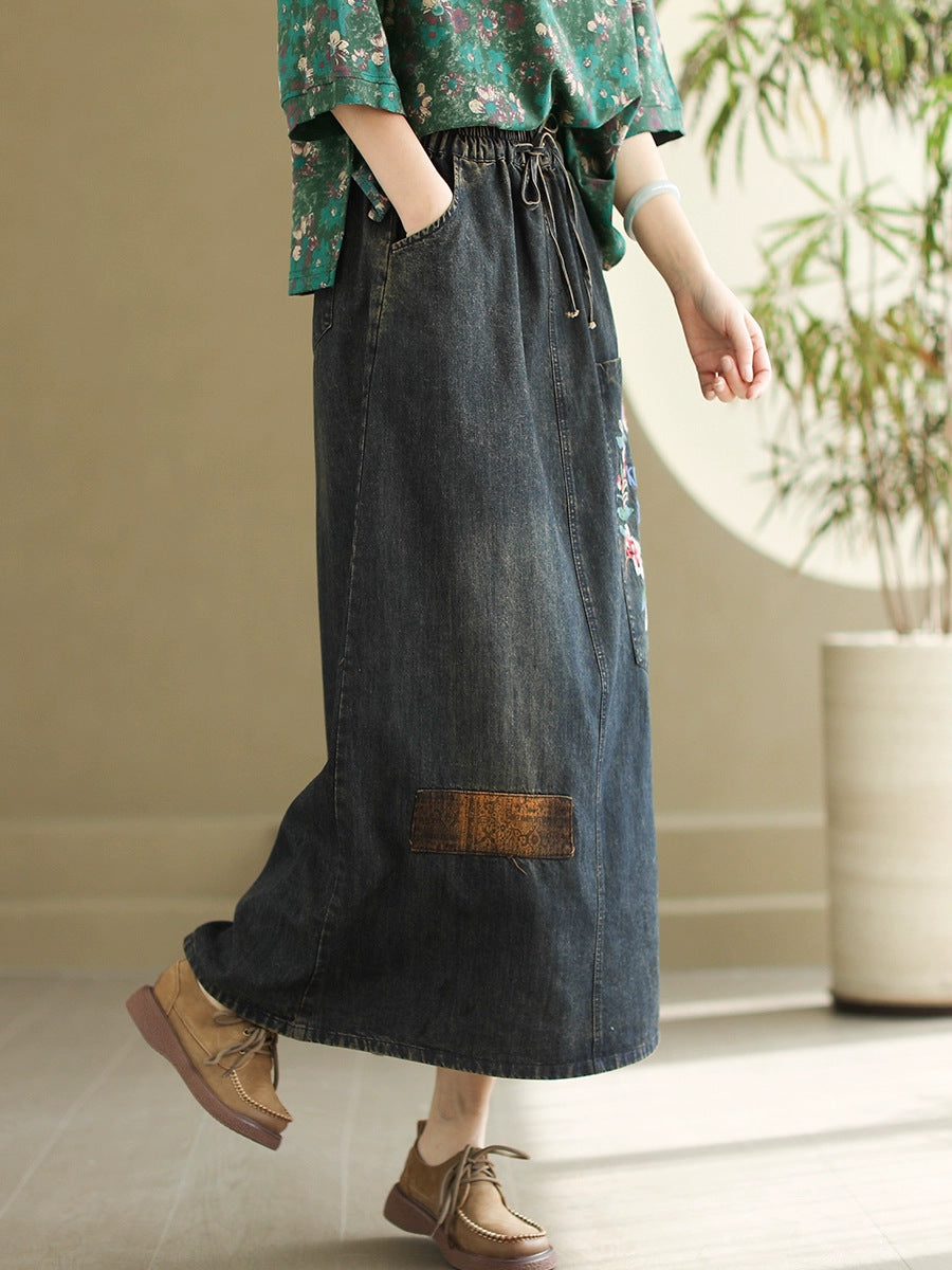 Women Artsy Flower Embroidery Denim Skirt CO1053 Ada Fashion