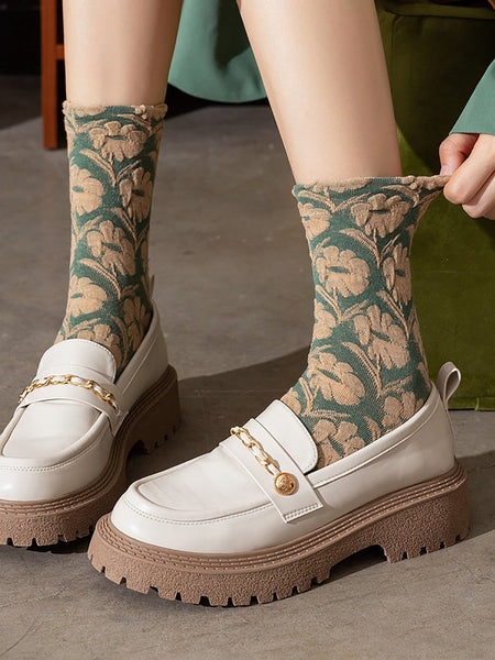 5 Pairs Women Artsy Flower Jacquard Cotton Socks AT1035 BUYKUD