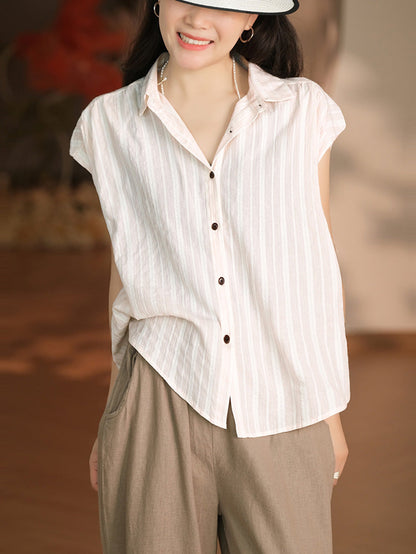 Women Summer Casual Stripe Button-up Cotton Shirt LL043 BUYKUD