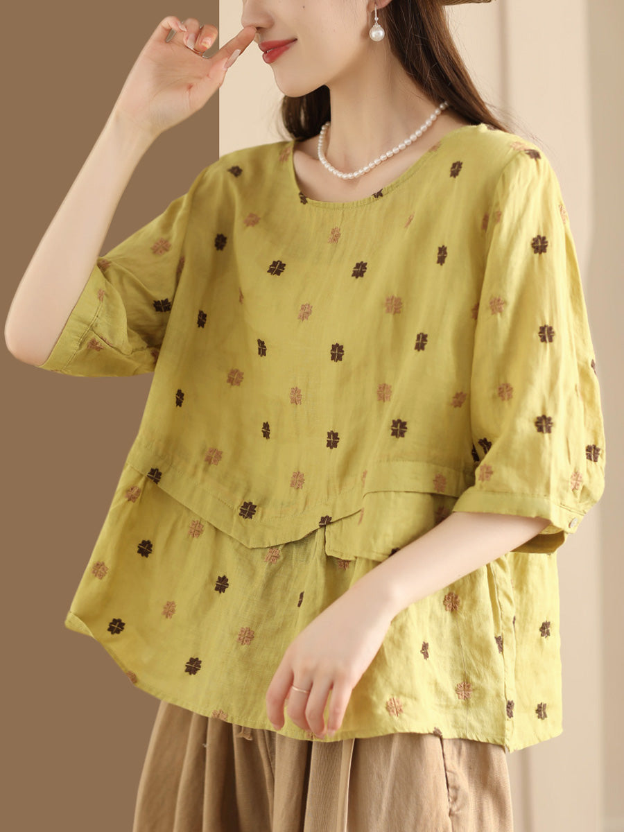 Women Summer Embroidery Spliced Ramie Loose Shirt XX1046 Ada Fashion