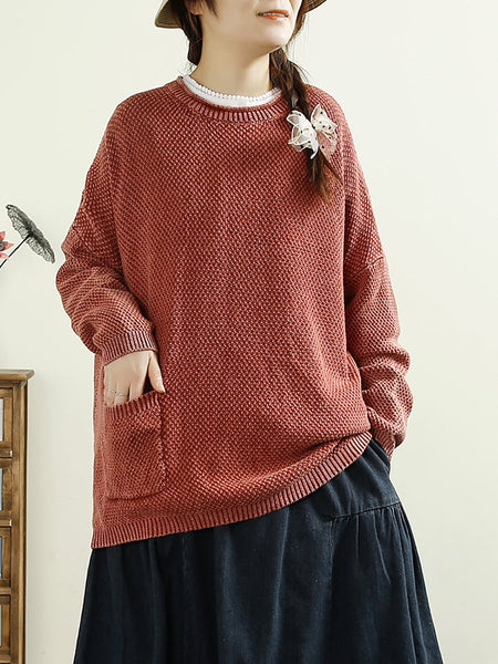 Women Casual Autumn O-Neck Solid Knit Sweater AT1025 BUYKUD