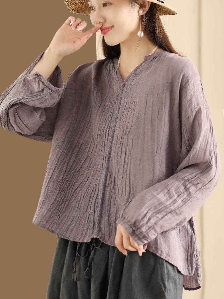 Women Spring Solid Vintage Ramie V-neck Blouse CO1013 Ada Fashion