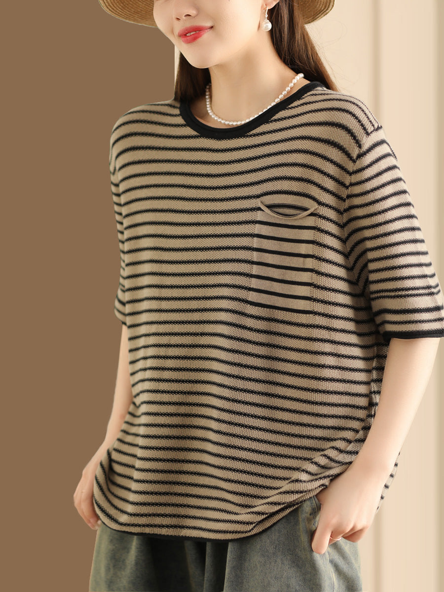 Women Summer Stripe Casaul Knitted Pullover Shirt SC1021 Ada Fashion