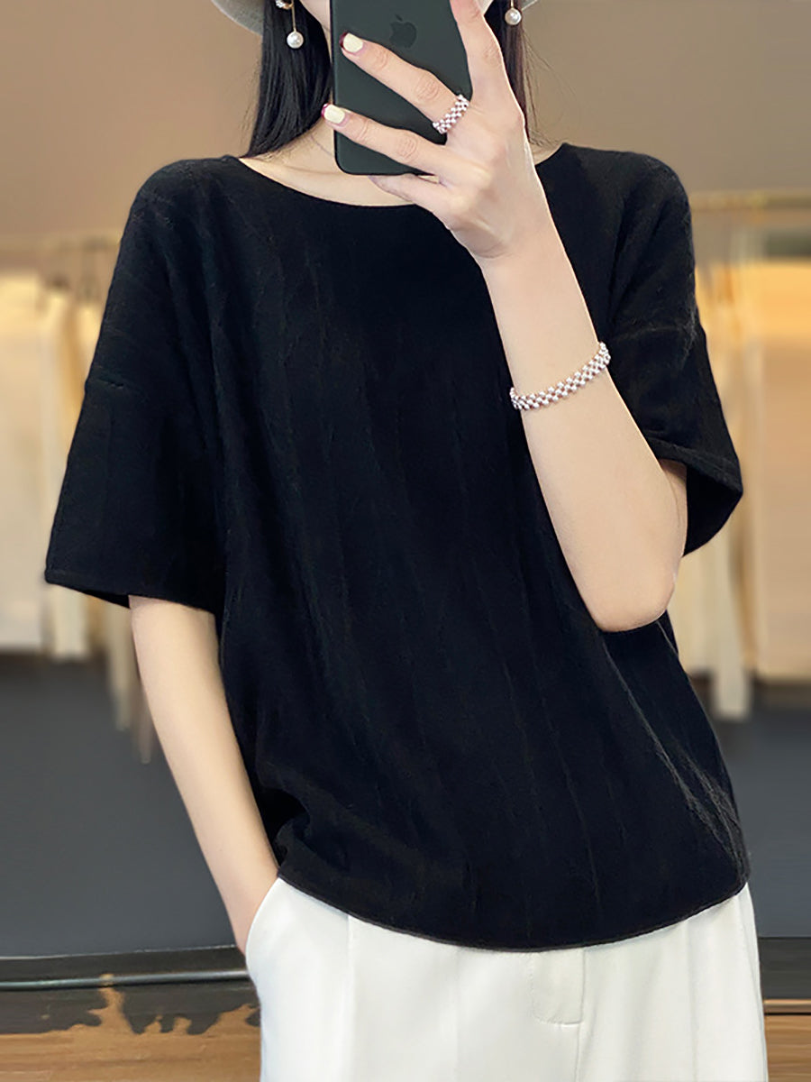 Women Summer Solid Jacquard Loose Half-Sleeve Shirt WE1033 Ada Fashion