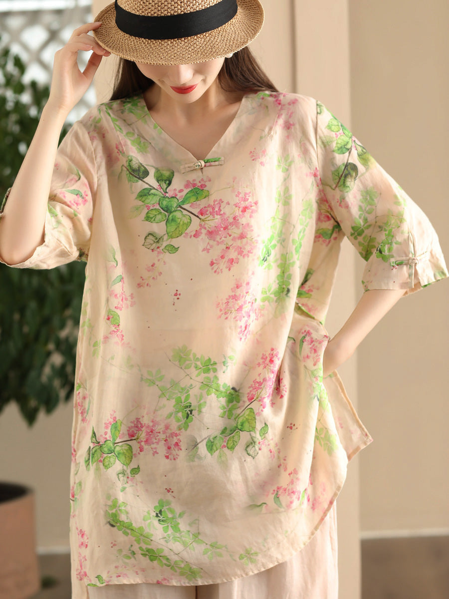 Women Summer Vintage Flower Buckle Ramie Long Shirt LL039 BUYKUD