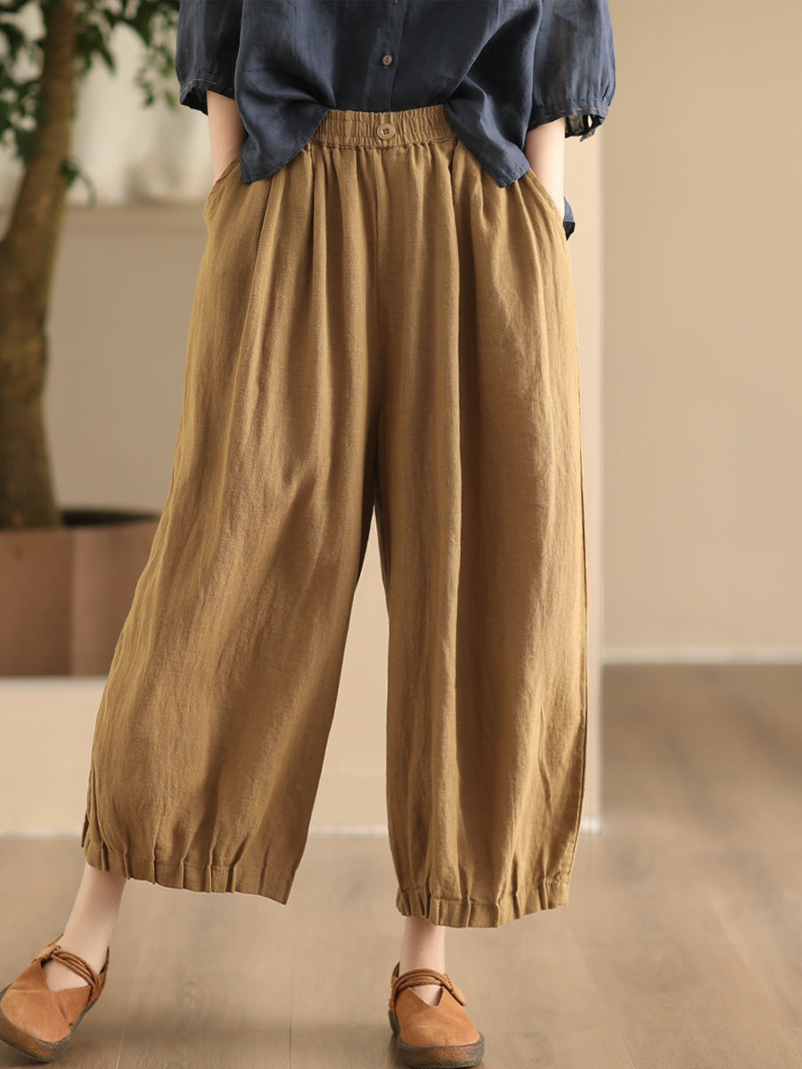 Women Summer Vintage Solid Linen Wide-leg Pants FD038 ZMMM