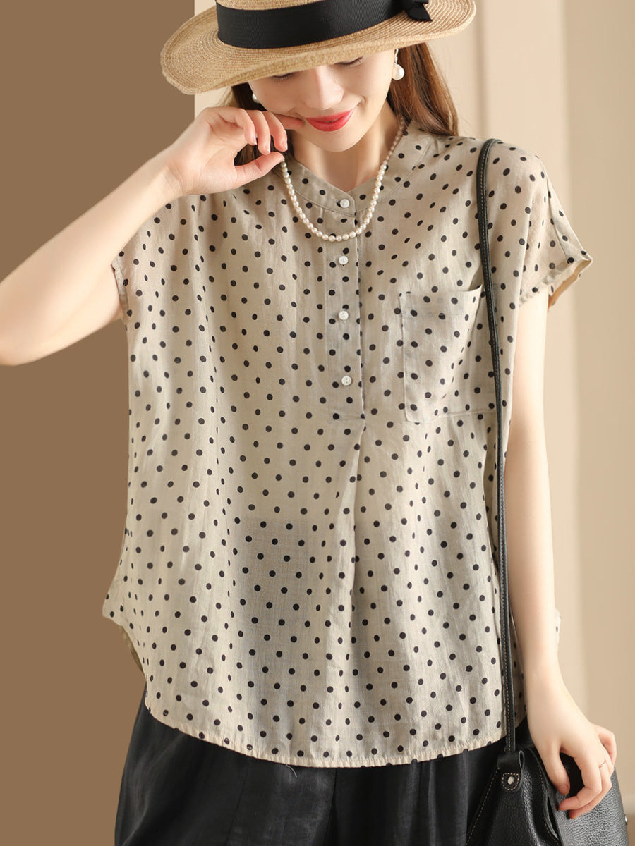 Women Summer Vintage Ramie Print Button-up Ramie Shirt OP1041 BUYKUD