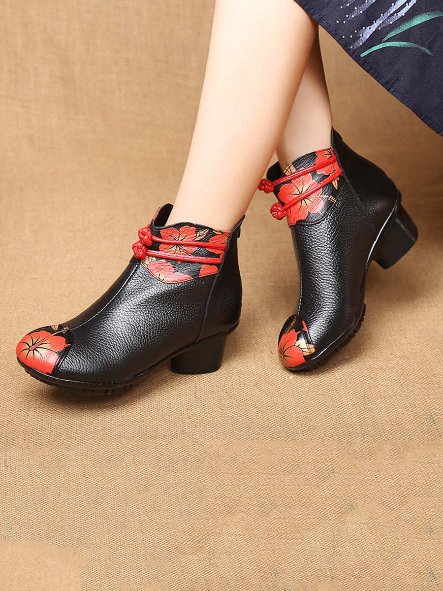 Women Retro Genuine Leather Flower Spliced Chunky Heel Boots AI1010 MXXZ