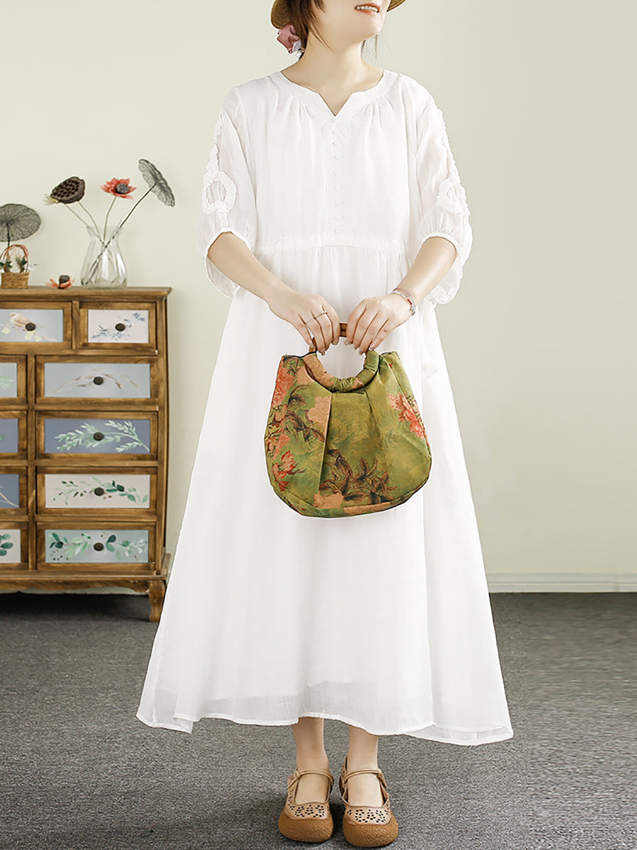 Women Summer Artsy Pure Color V-Neck Ramie Dress HH018 XJYF