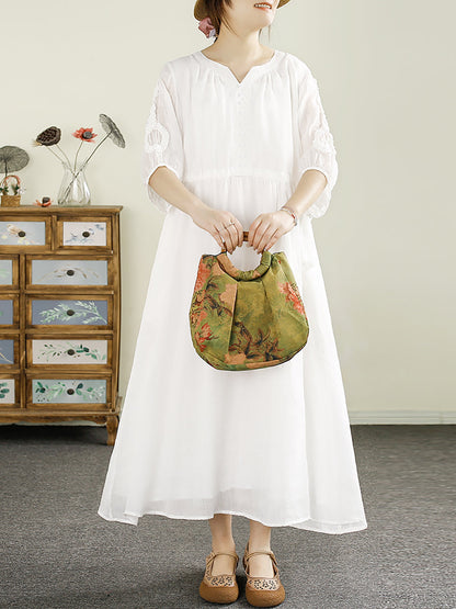 Women Summer Artsy Pure Color V-Neck Ramie Dress HH018 XJYF