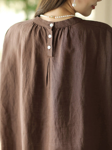 Women Summer Casual Solid Pocket O-Neck Linen Dress FD002 ZMMM