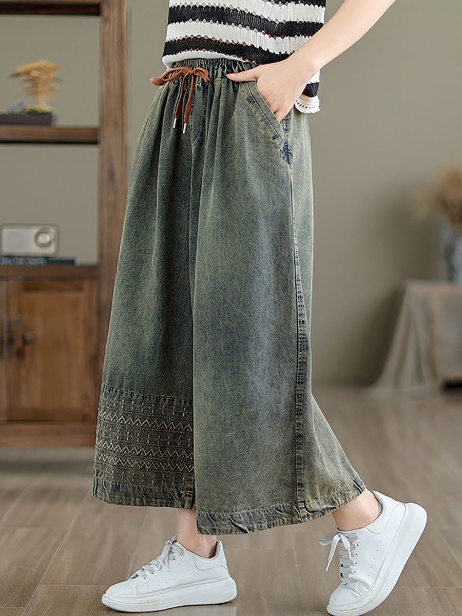 Women Summer Casual Embroidery Wide-leg Denim Pants CC010 ZMFS