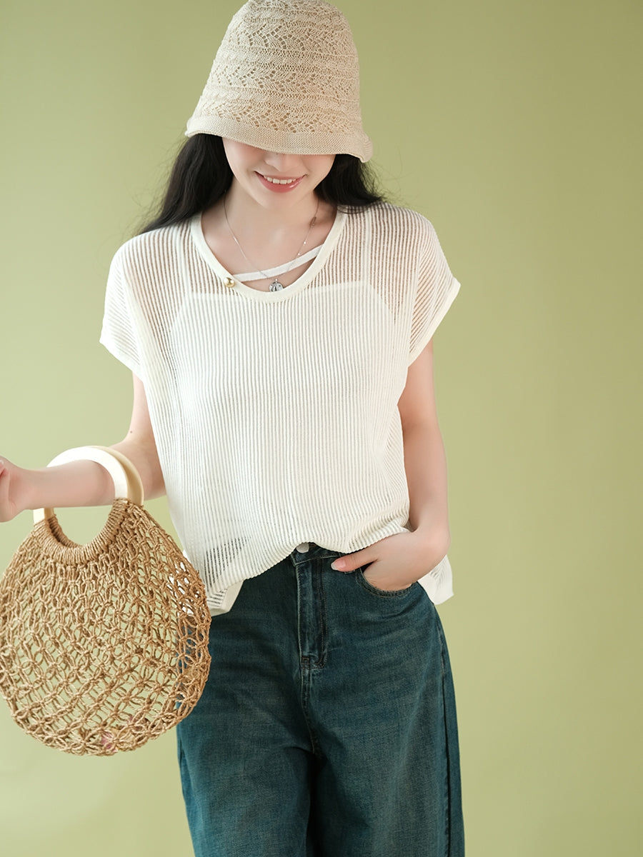 Women Summer Artsy O-Neck Solid Thin Shirt CX036 ZMMM