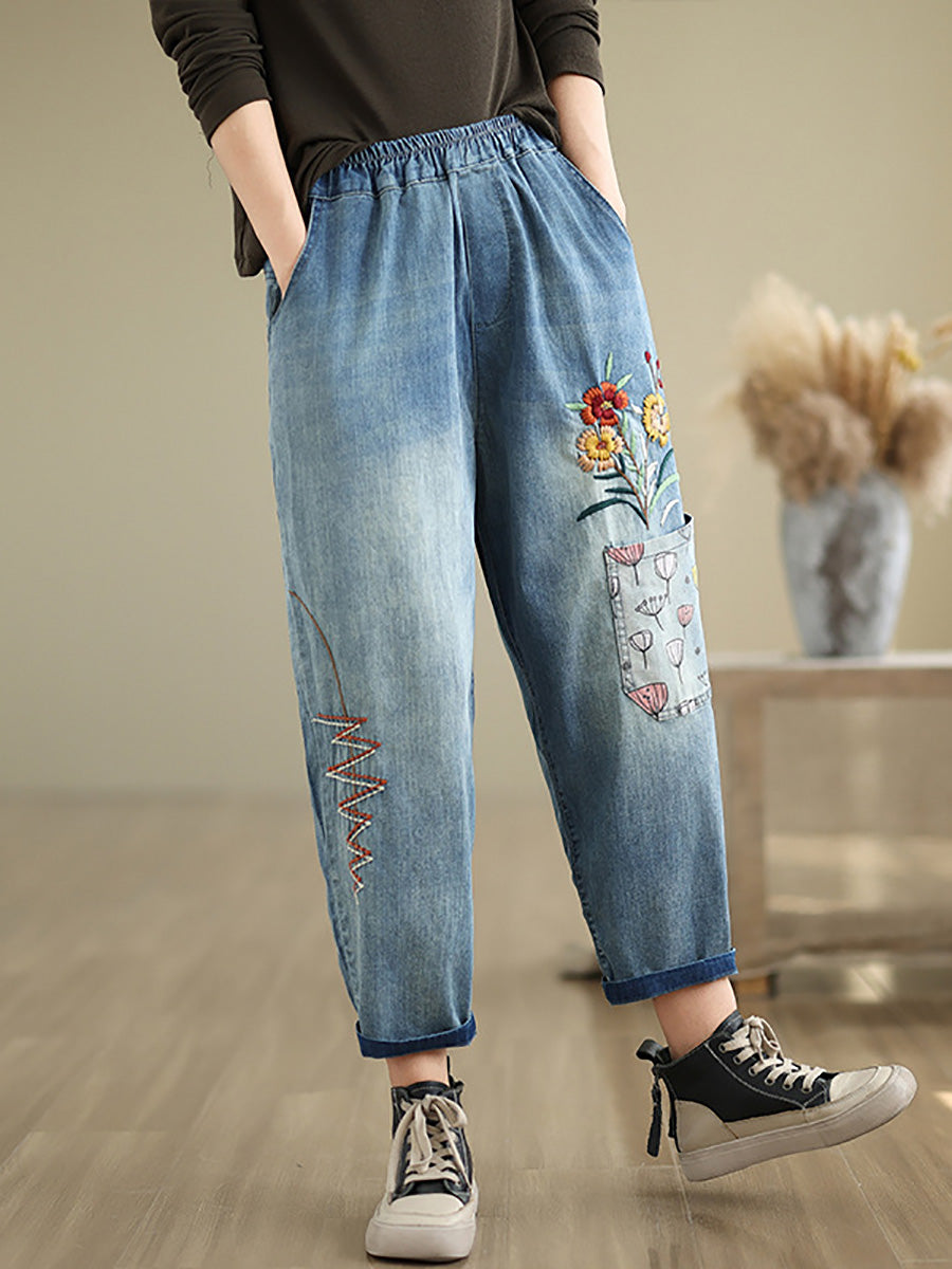 Women Autumn Artsy Flower Embroidery Denim Harem Pants AI1074 ZMFS