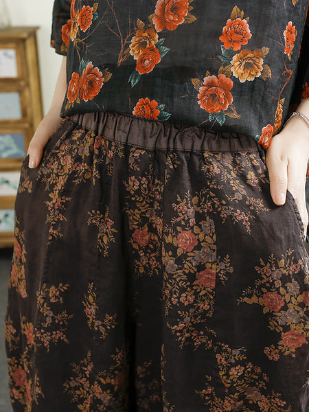 Women Summer Retro Floral Print Ramie Harem Pants CX052 BUYKUD