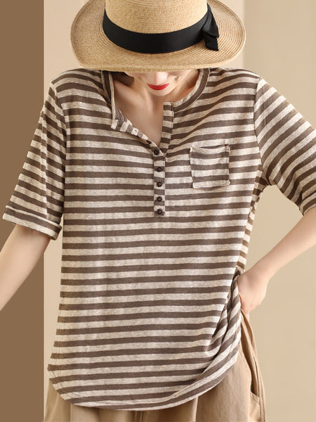Women Sumer Casual Stripe V-Neck Button Shirt II1019 BUYKUD