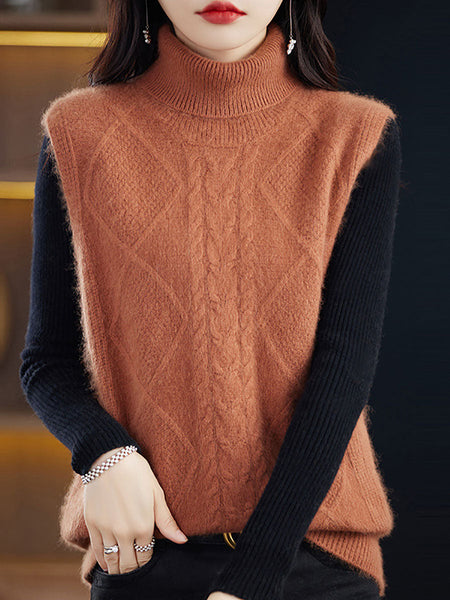 Women Casual Wool Turtleneck Twist Knit Vest AV1033 Genistyle Shop