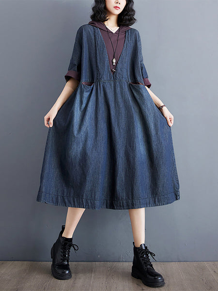 Women Summer Casual Spliced Denim Hooded Dress WE1034 Ada Fashion