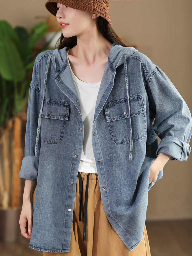 Women Casual Solid Autumn Pocket Denim Hooded Coat AT1026 ZMMM